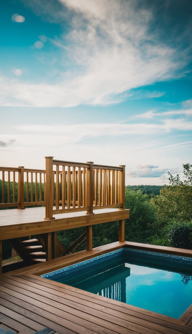 An elevated wooden deck with stairs overlooks a small pool