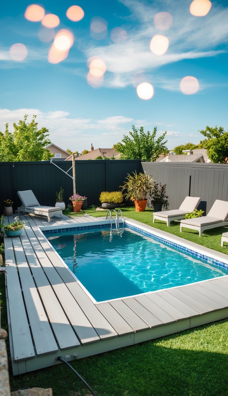 A small pool surrounded by DIY floating decks, with lounge chairs and potted plants