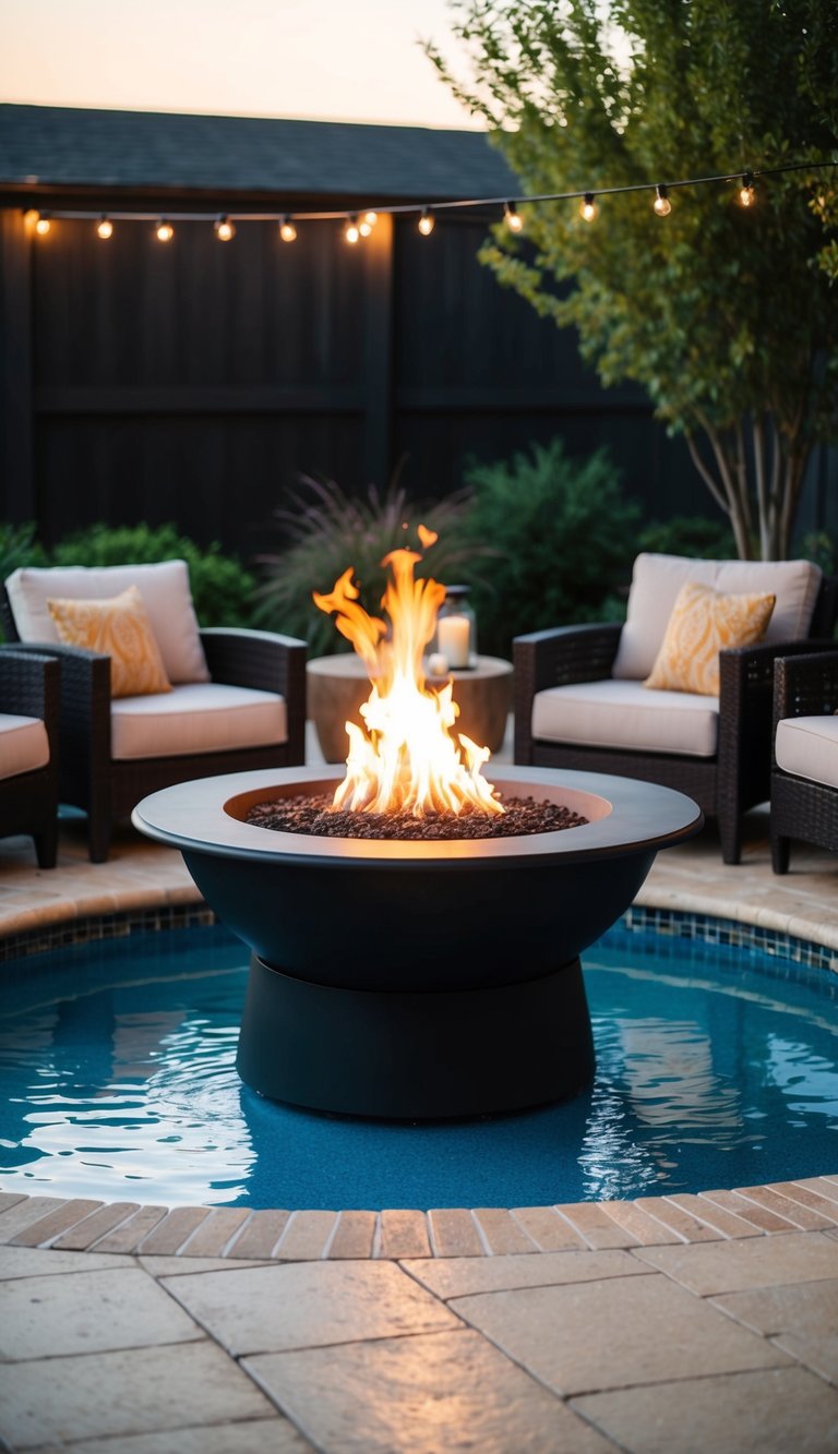 A cozy fire pit sits in the center of a small pool deck, surrounded by comfortable seating and soft lighting