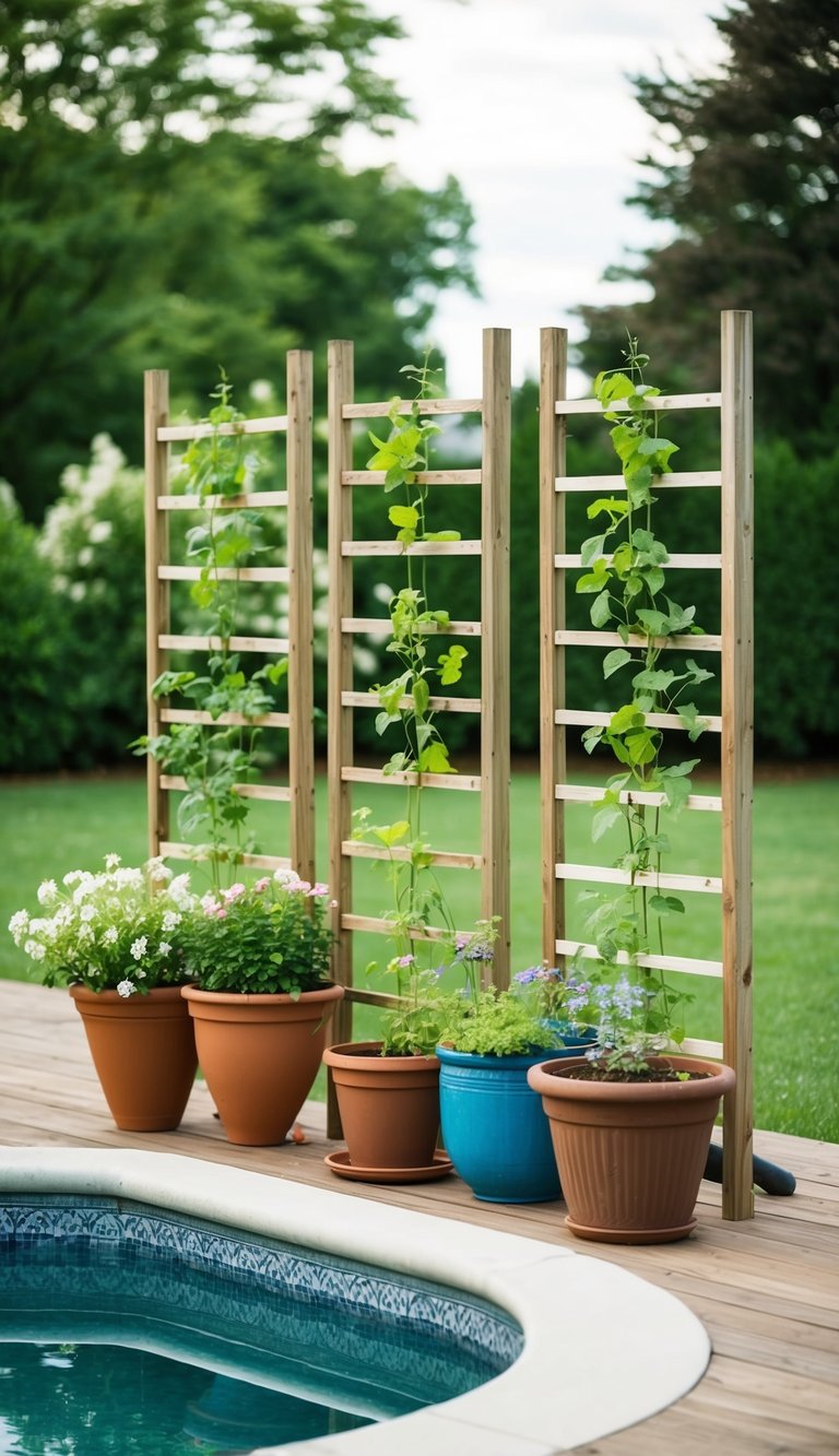 A small pool deck with trellises for vertical gardening
