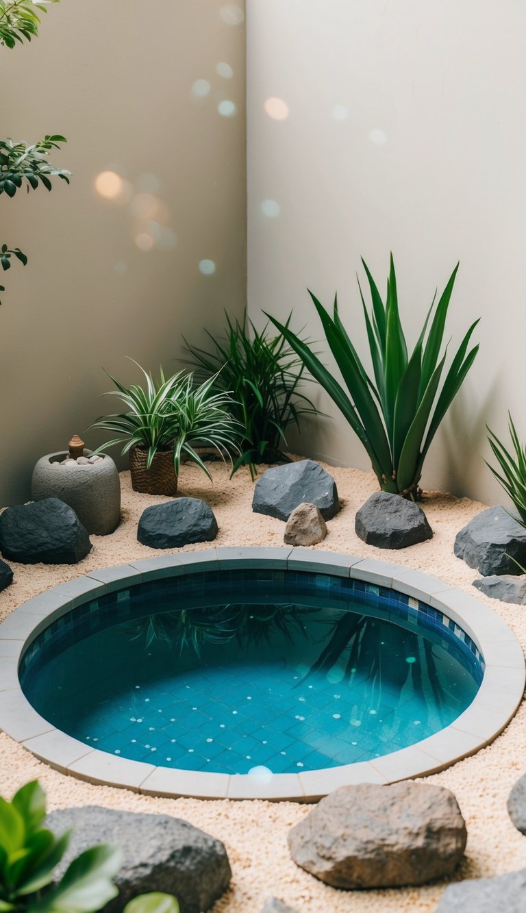 A small pool surrounded by rocks and sand, with carefully placed plants and minimalistic decor, creating a tranquil Zen garden corner