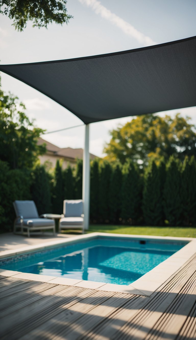 A small pool deck with a canopy casting shade