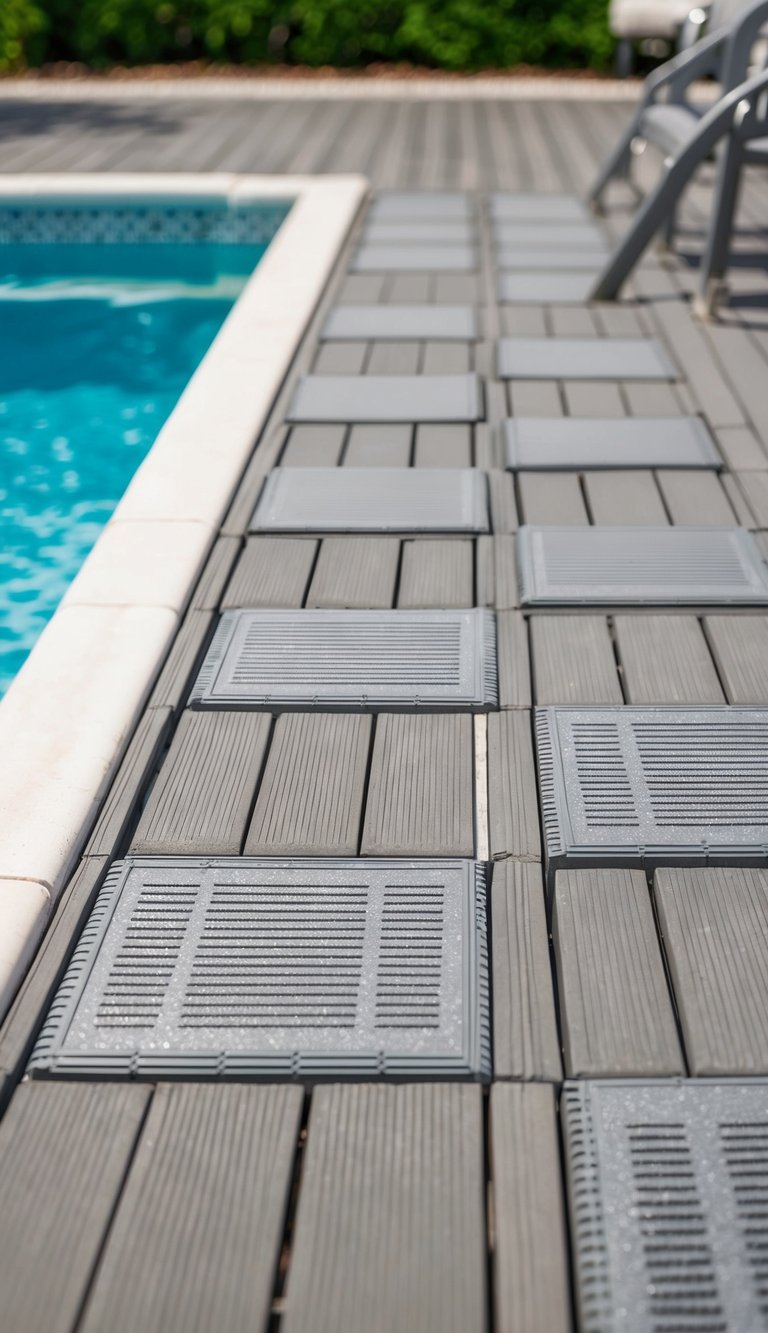 A small pool deck with 24 deck tiles laid out in a neat and orderly fashion, creating a smooth and seamless surface for easy installation