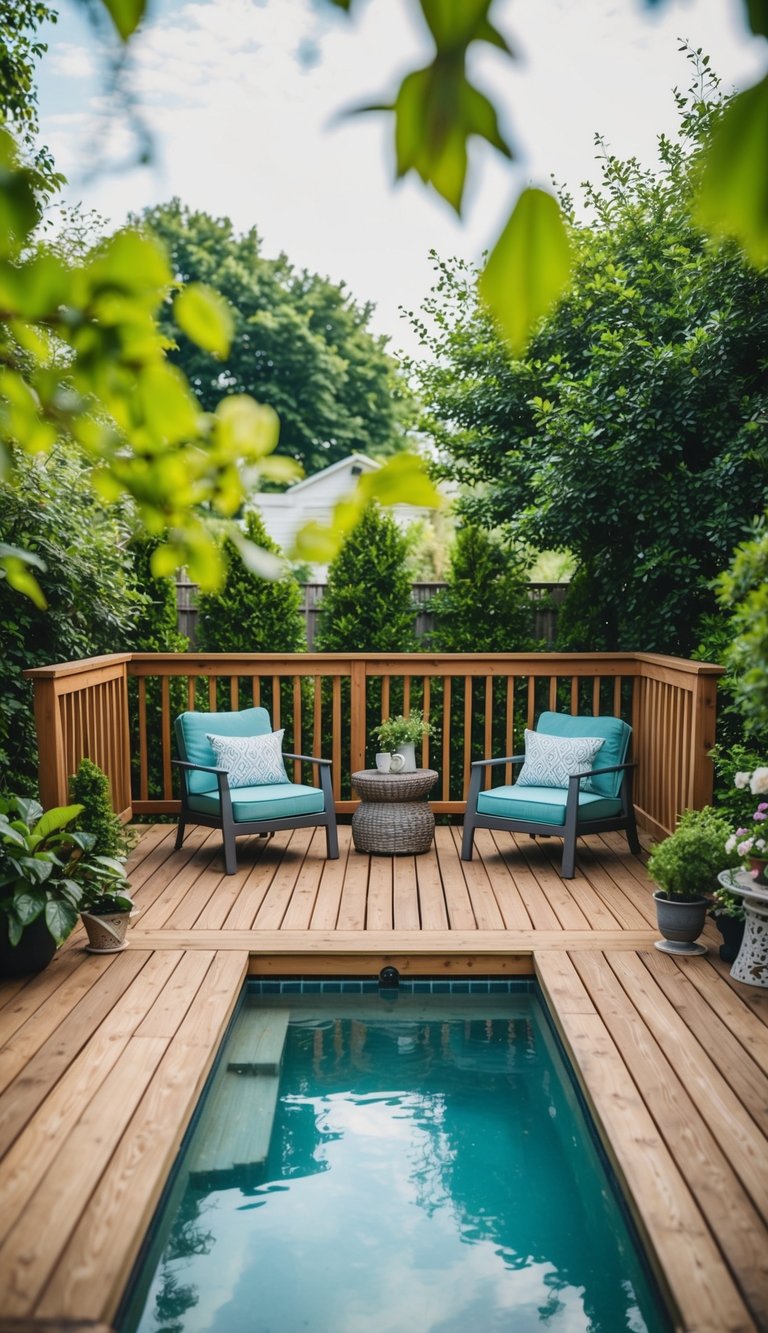 A small wooden deck with a 24-foot pool, surrounded by greenery and outdoor furniture