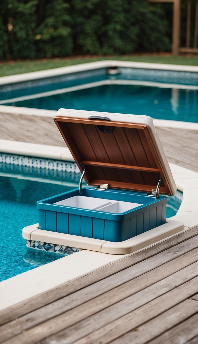 A small pool deck with a hidden hatch, storing DIY pool accessories