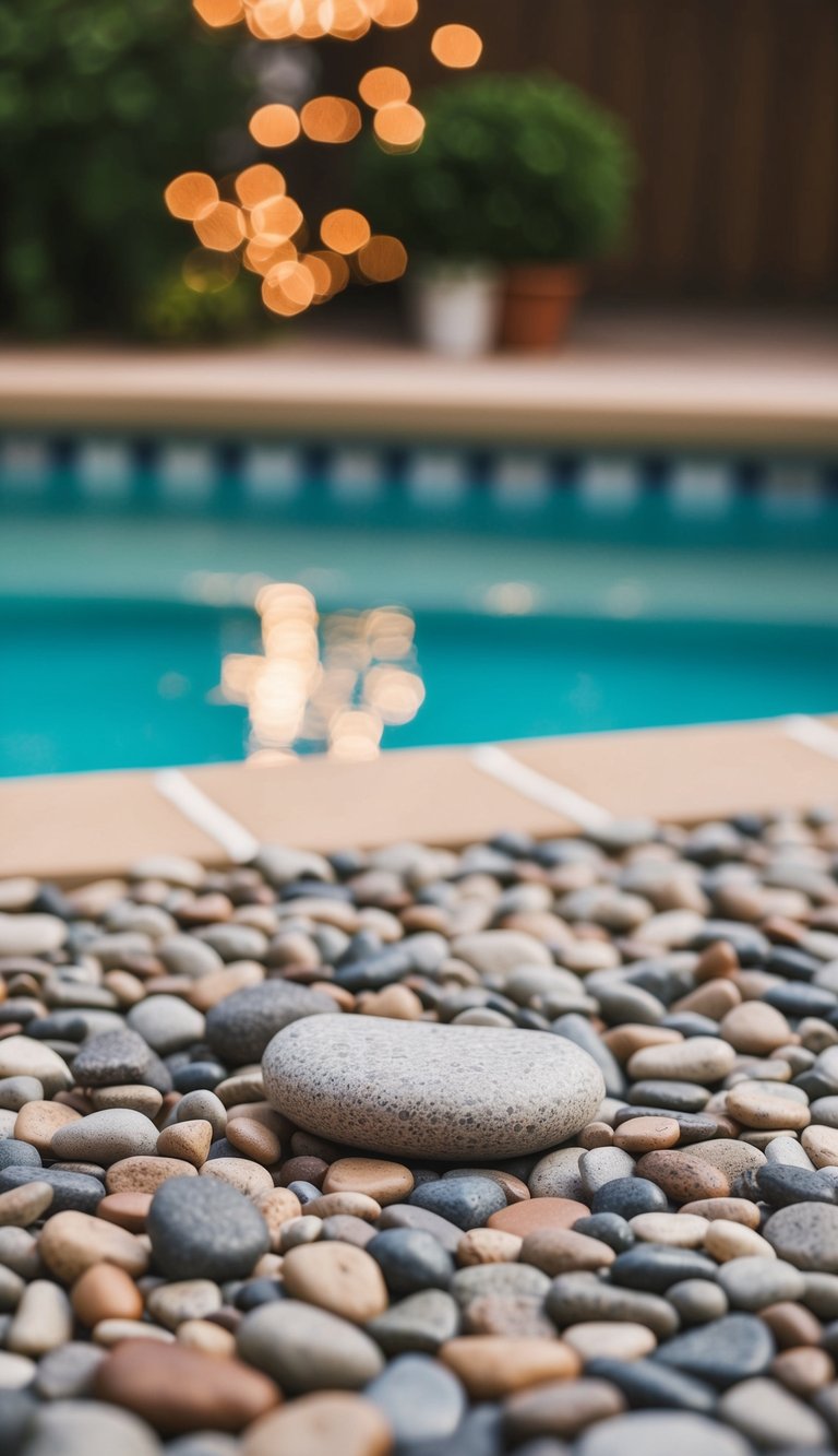 A small pool deck adorned with decorative pebbles and stones