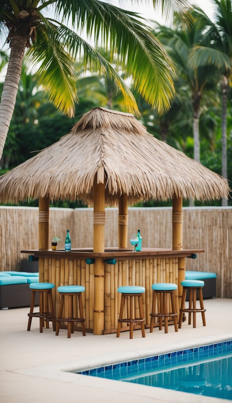 A small tiki bar sits on a pool deck, complete with palm-thatched roof, bamboo walls, and tiny stools and tables