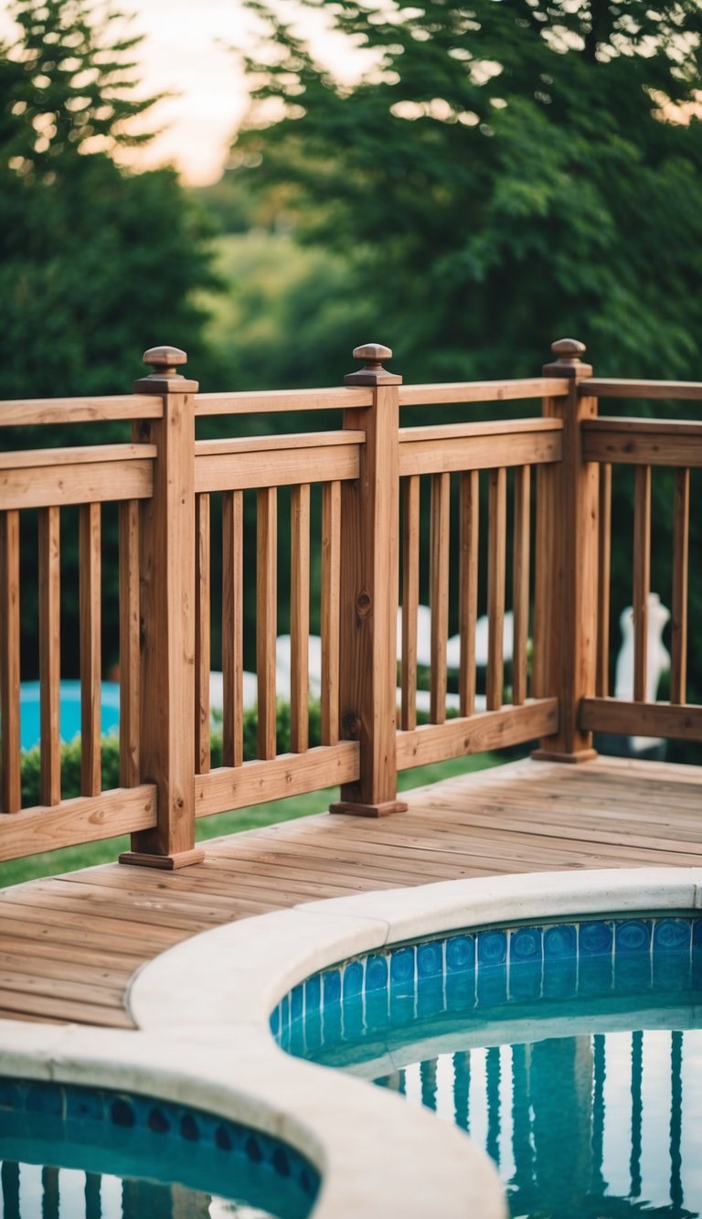 A small pool deck with wooden railings exudes rustic charm