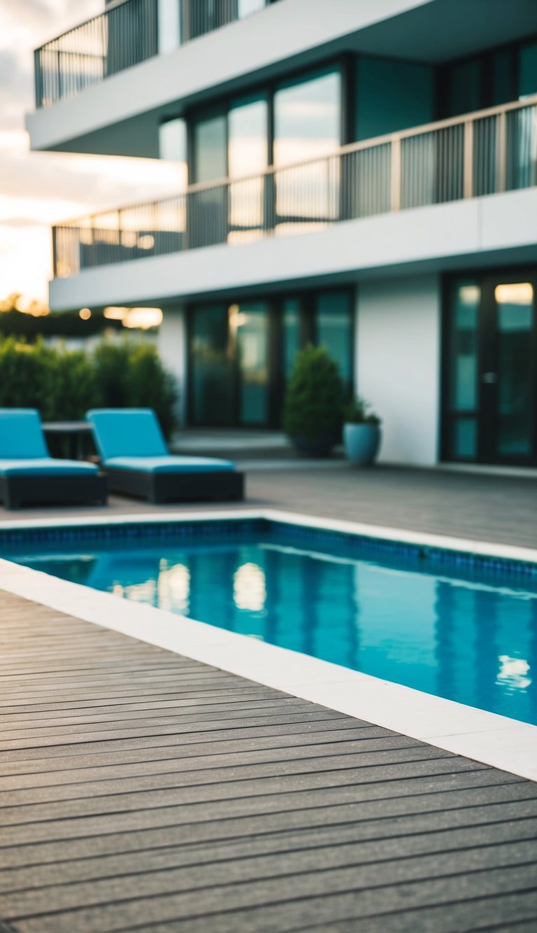 A modern building with a small pool deck made of durable composite materials