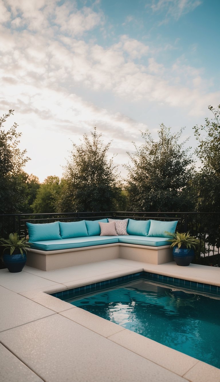 A small pool deck with built-in seating maximizing space
