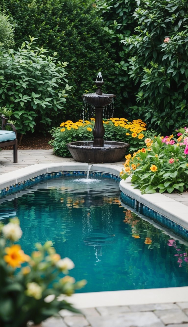 A small pool deck with a tranquil water feature or fountain nestled in the corner, surrounded by lush greenery and colorful flowers