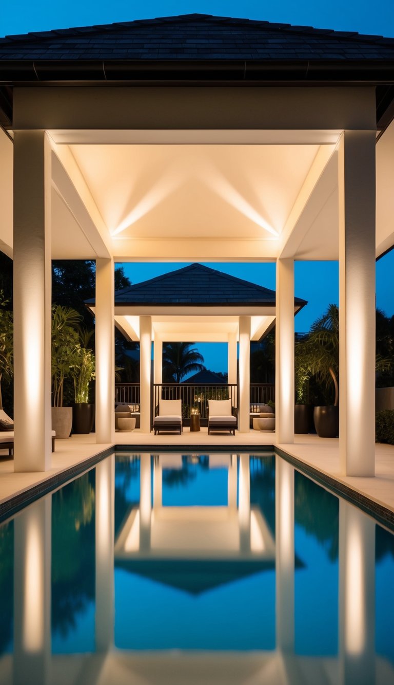 A poolside pavilion illuminated by enchanting lighting effects, creating a magical and inviting atmosphere
