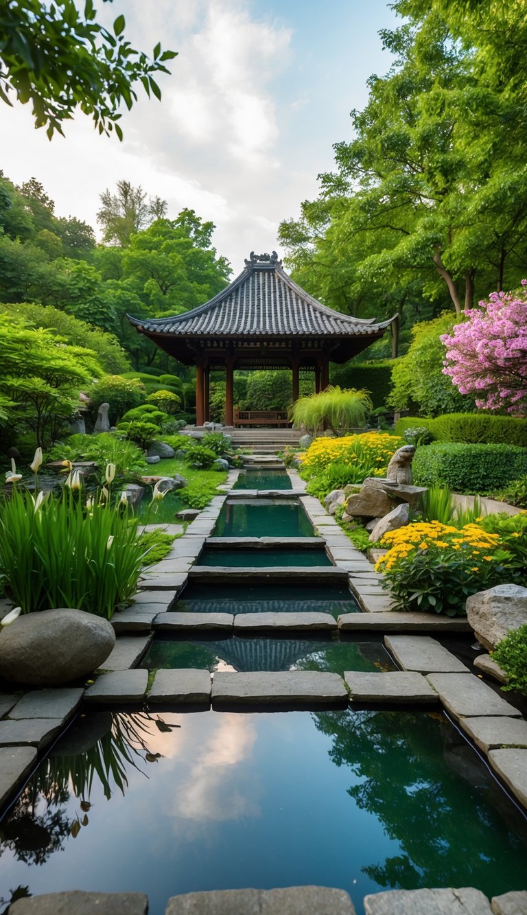 A tranquil Zen garden with a koi pond, stone pathways, and a pavilion surrounded by lush greenery and blooming flowers