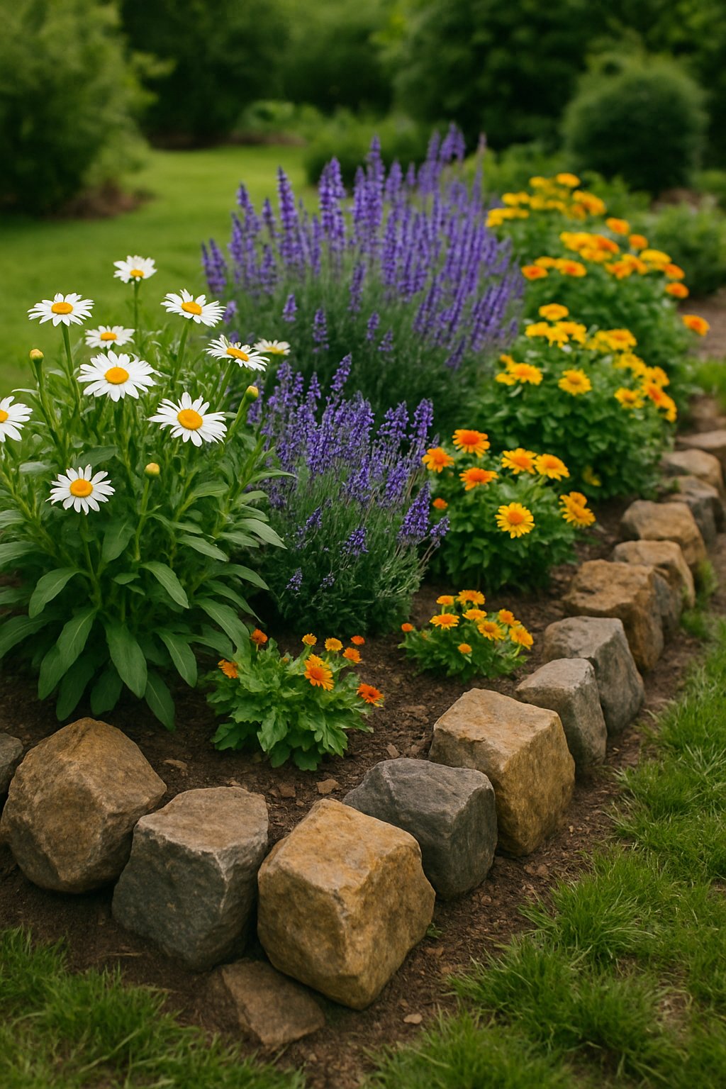 A garden with natural stone edging surrounding colorful flower beds and green plants.