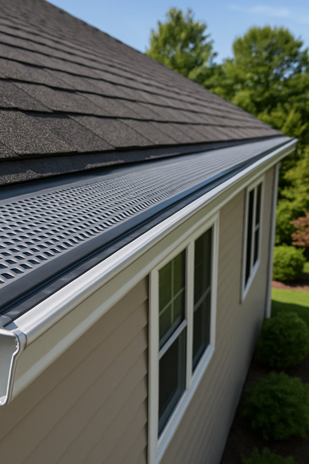 Close-up of a house exterior showing clean rain gutters with installed gutter guards on a sunny day.