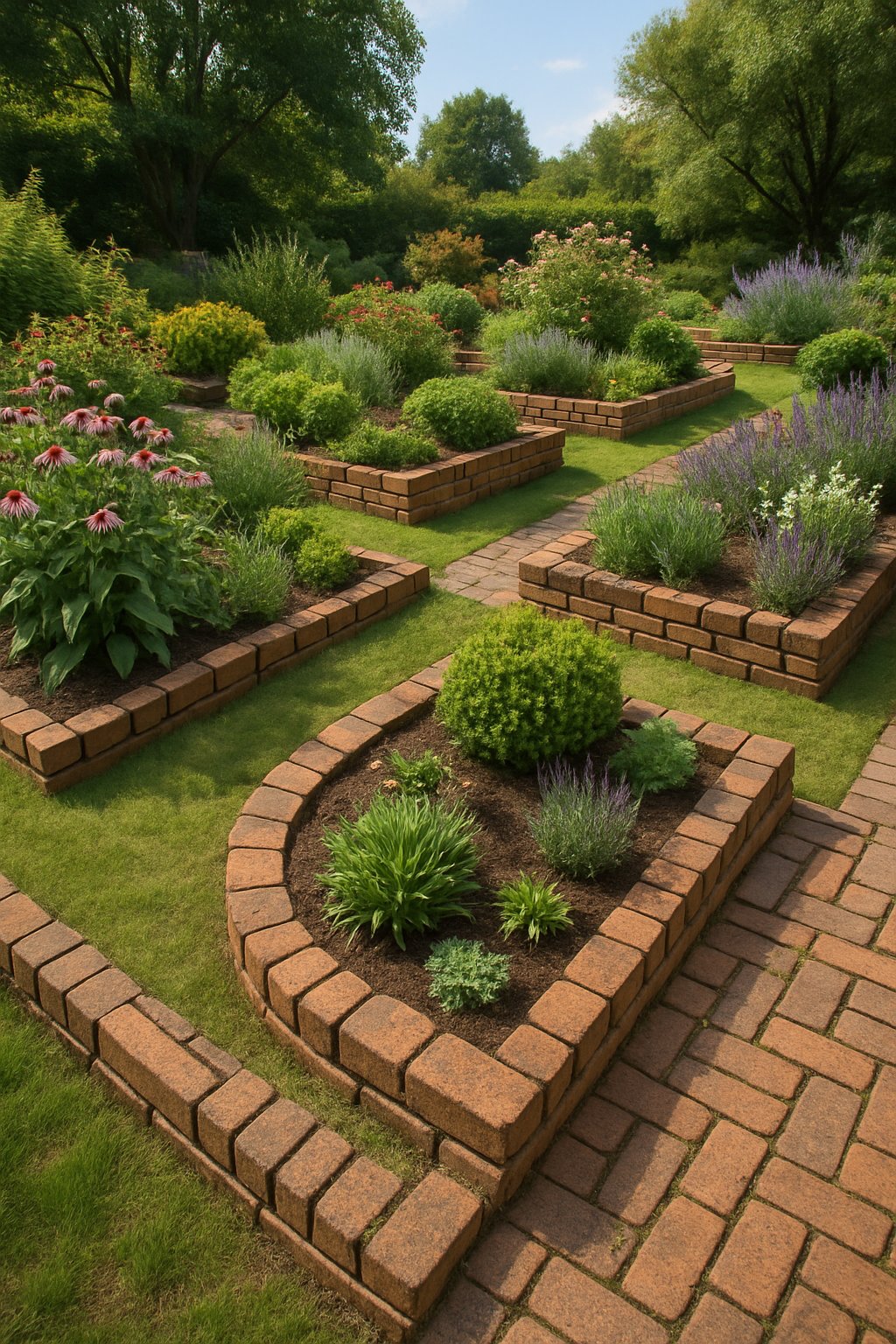 A garden with flower beds and pathways bordered by recycled red and brown bricks, surrounded by green plants and trees under a clear sky.