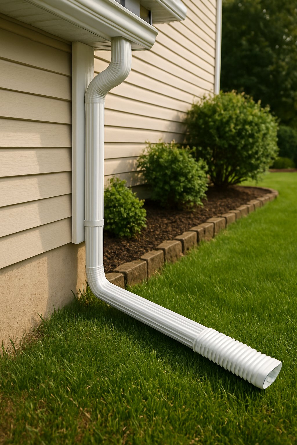 Close-up of a house rain gutter with downspout extensions directing water away onto a green lawn.