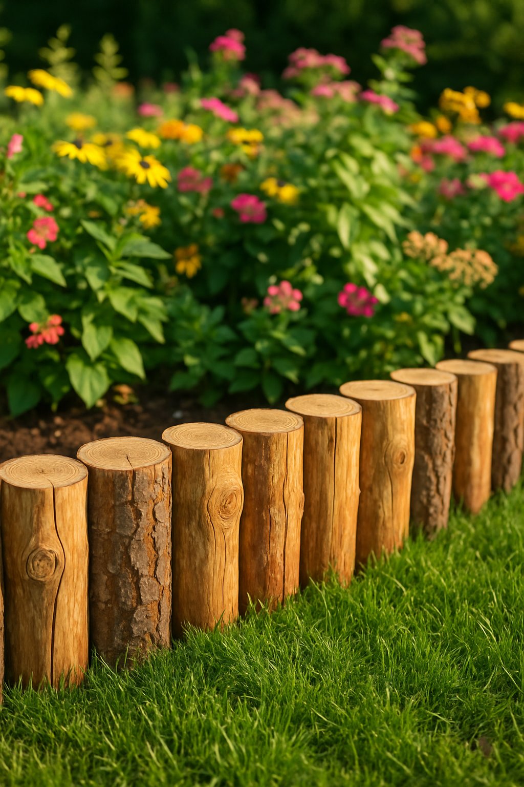 A garden border made of wooden log slices arranged vertically alongside green grass and flowering plants.