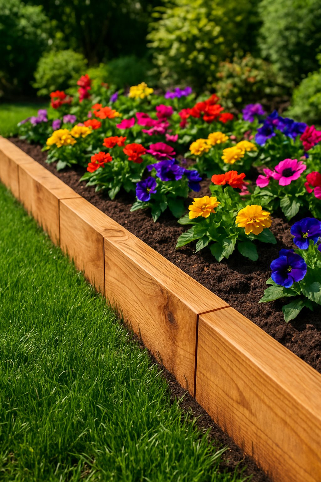A garden border with cedar fence planks buried flush in the soil, separating green grass from a flower bed with colorful flowers and mulch.