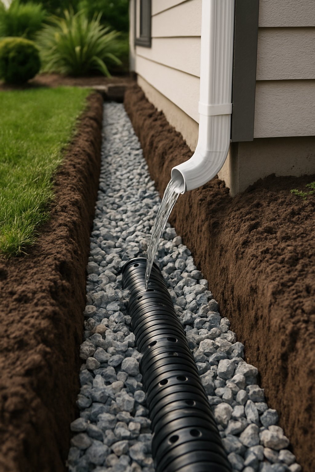 Close-up of a French drain installation beside a house with water flowing from a rain gutter into a gravel-filled trench containing a perforated pipe.