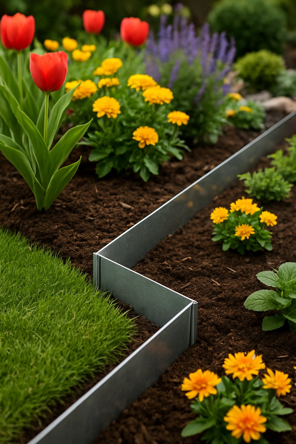 A garden with metal edging strips creating clean borders between a green lawn and colorful flower beds.