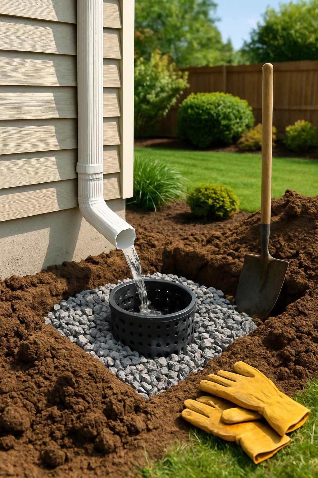 A backyard scene showing a dry well installation collecting water from a house's rain gutter downspout surrounded by soil and landscaping.