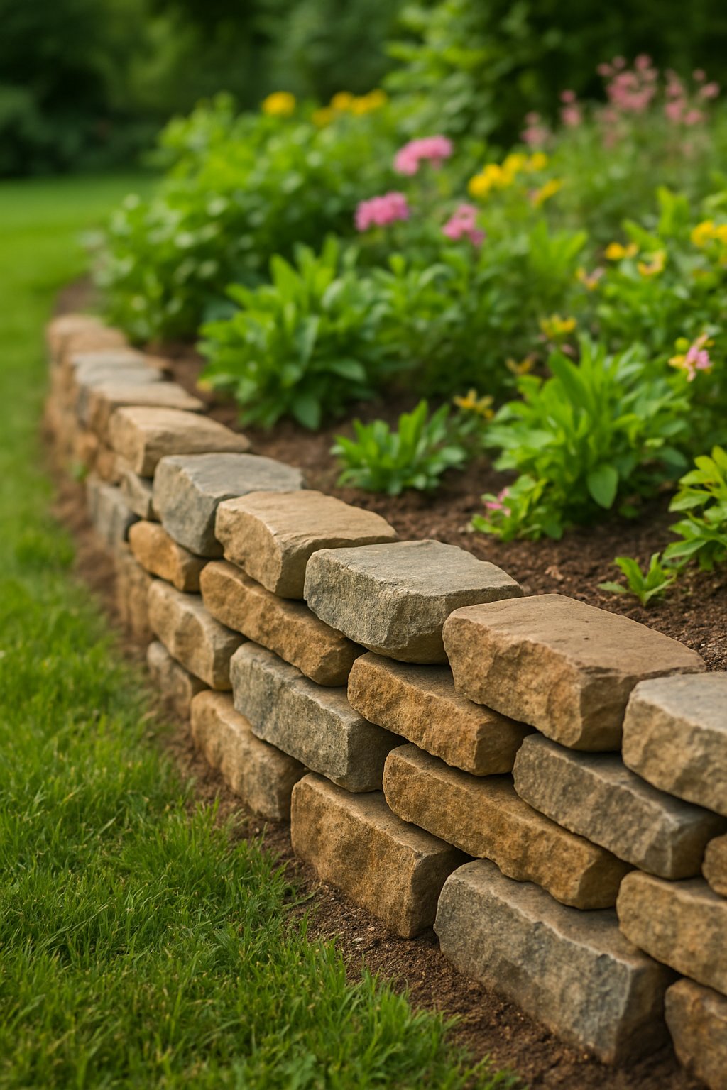 A garden with a neatly stacked stone border surrounding a flower bed with green plants and colorful flowers.