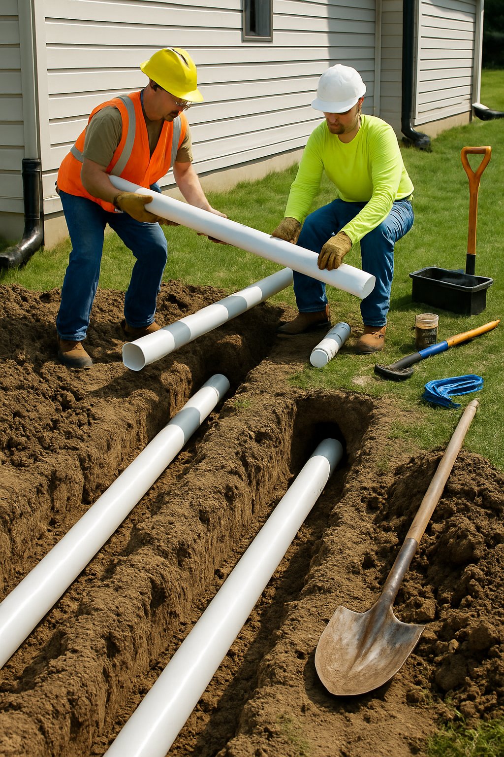 Workers installing white PVC pipes in trenches near a building with rain gutters for drainage.
