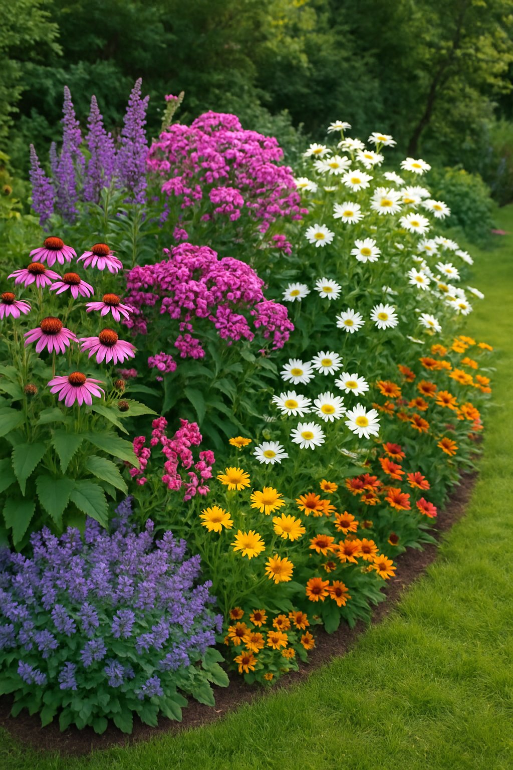 A colorful garden border filled with various blooming perennial flowers along the edge of a green lawn.