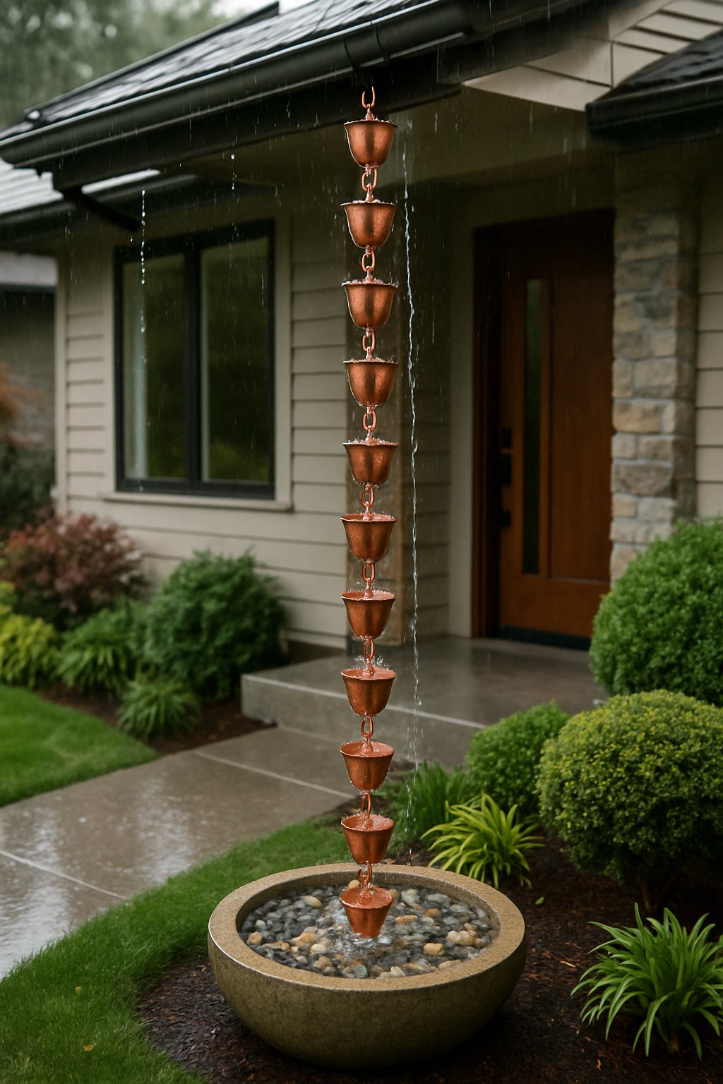 Rain chains guiding water from a house roof into stone basins surrounded by green plants on a rainy day.