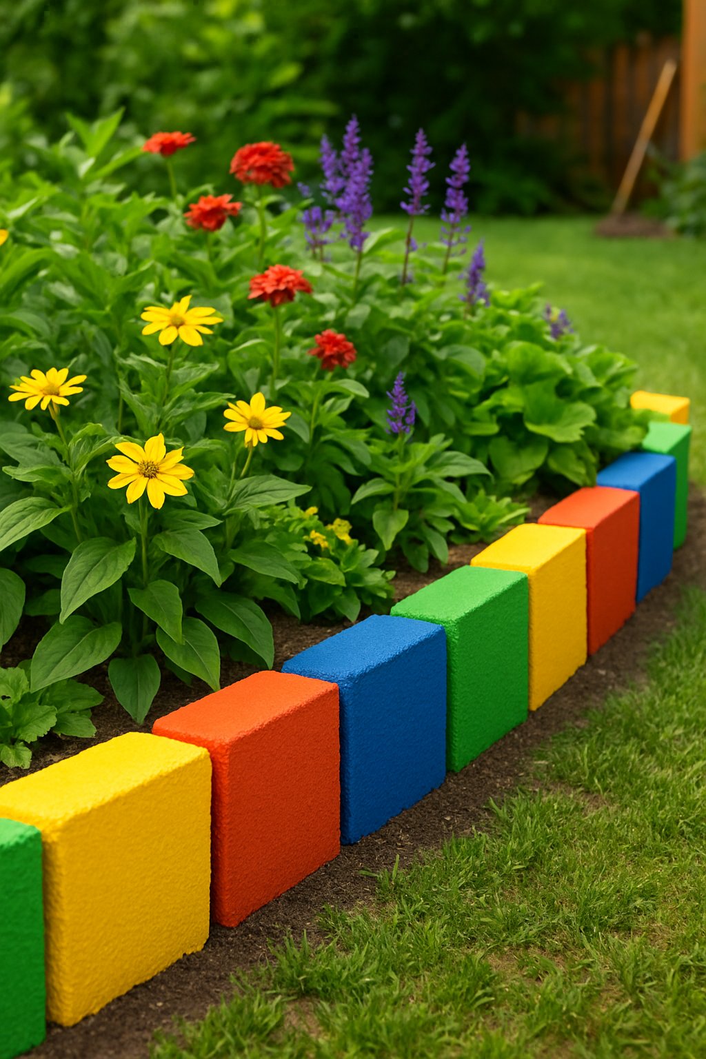 Colorful painted concrete blocks arranged as a garden border around plants and flowers in a sunny outdoor garden.