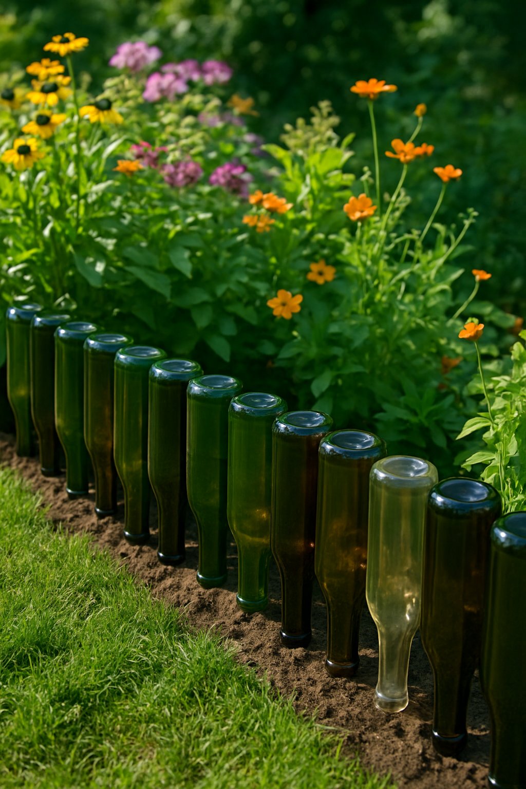 A garden border made from repurposed wine bottles lined up vertically in the soil, surrounded by grass and garden plants.