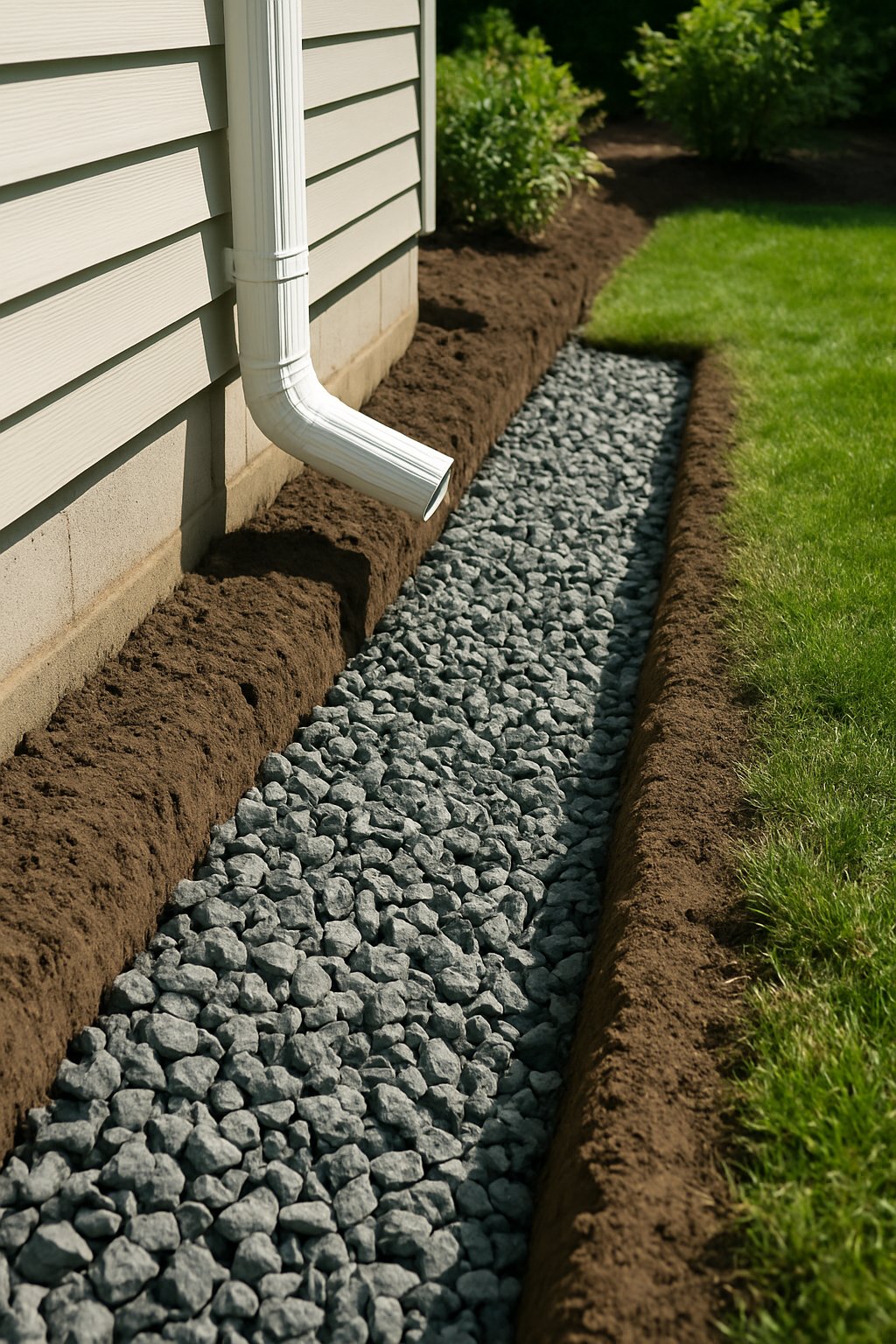Gravel-filled trench next to a house foundation with a rain gutter downspout directing water into it.