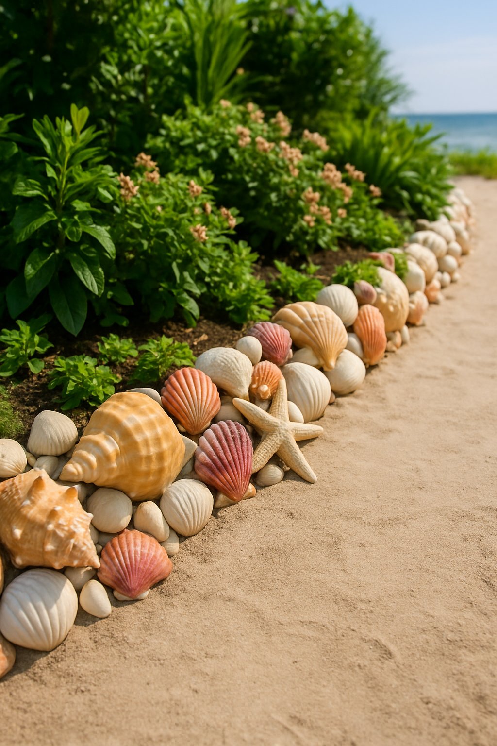 A garden border made of seashells along a sandy beach pathway with green plants and flowers nearby and the ocean visible in the background.