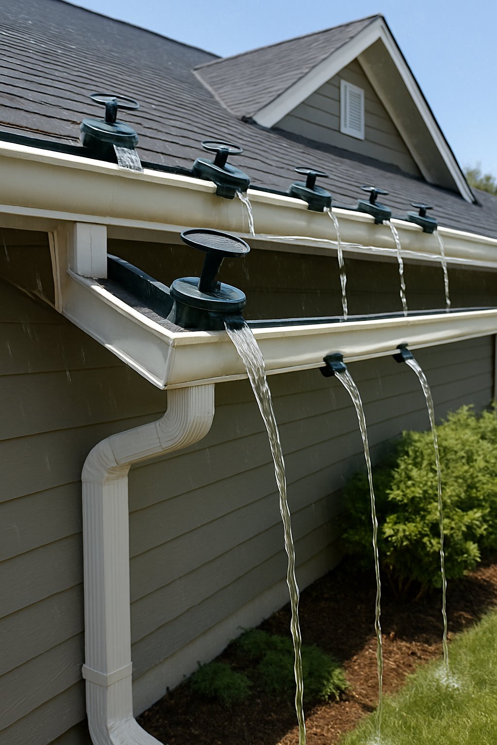 A house roof with rain gutters featuring pop-up water emitters releasing water into a garden during rainfall.