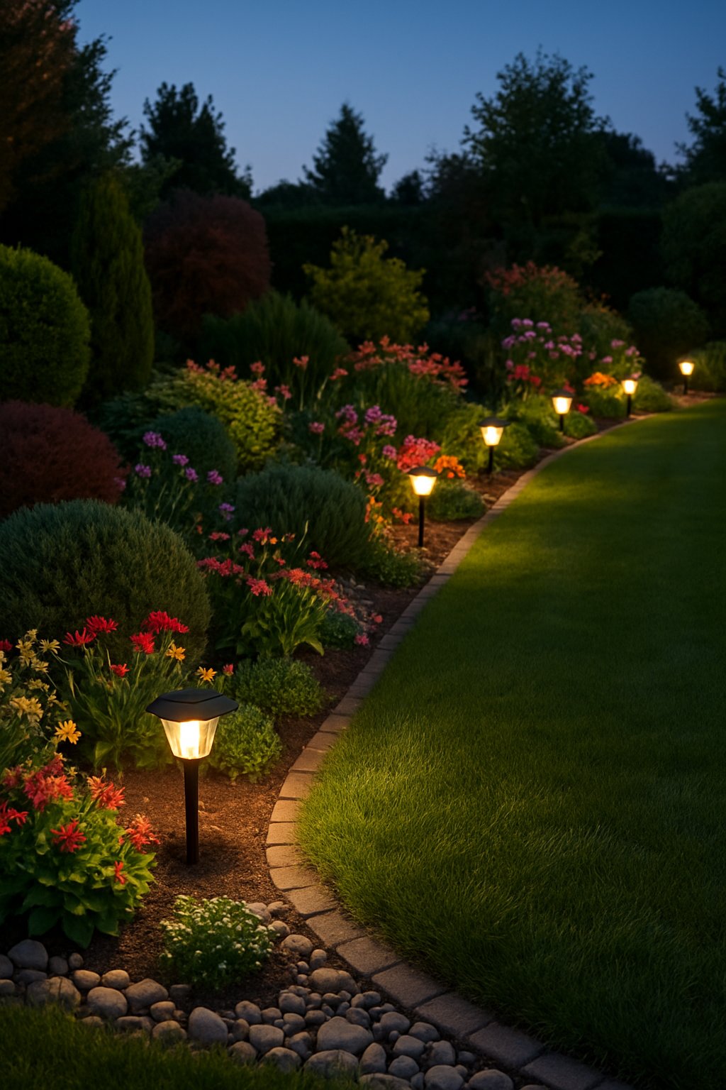 A garden at dusk with solar lights glowing along the edges of a lawn and flower beds surrounded by plants and flowers.
