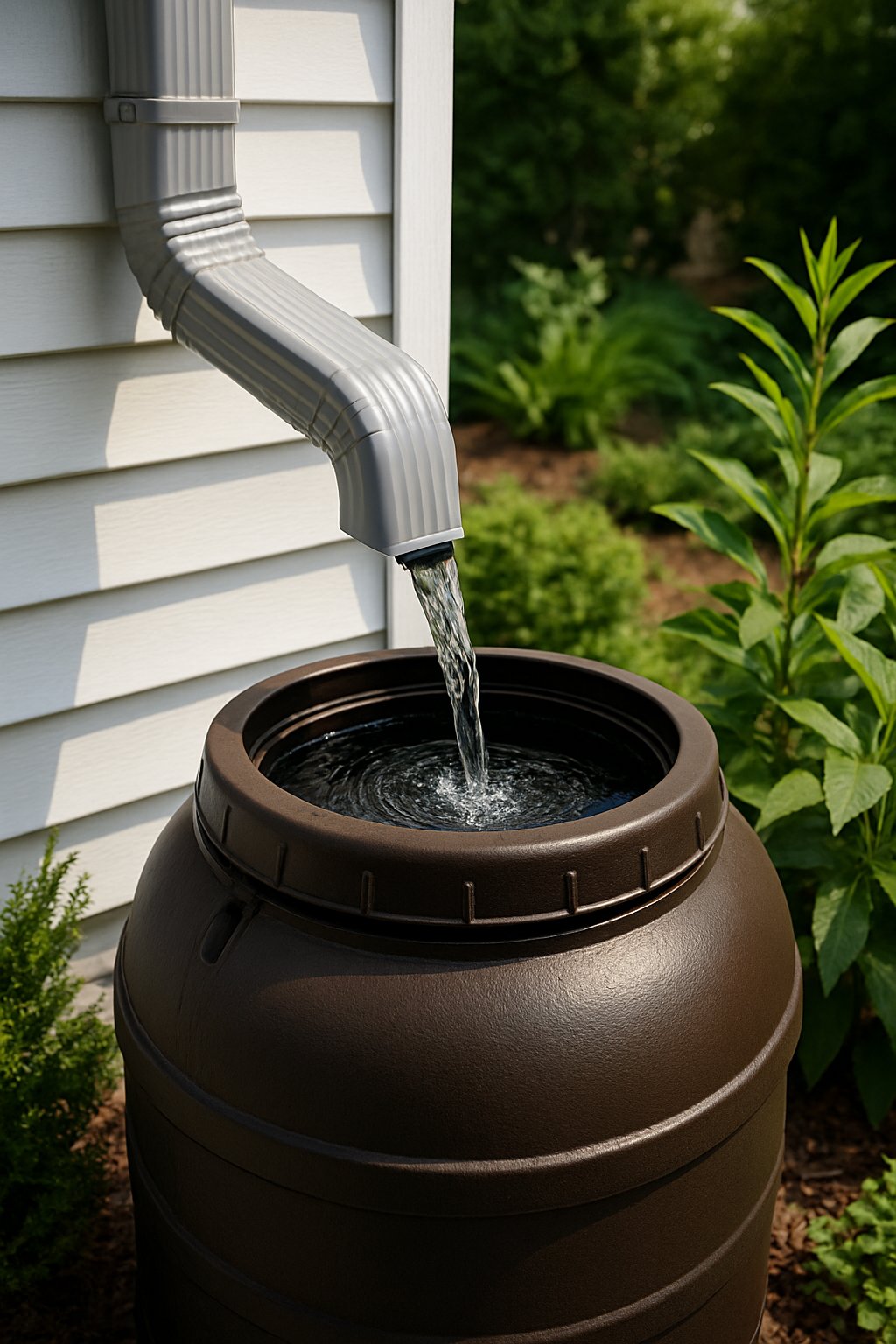 A rain barrel connected to a rain gutter collecting water next to a garden.