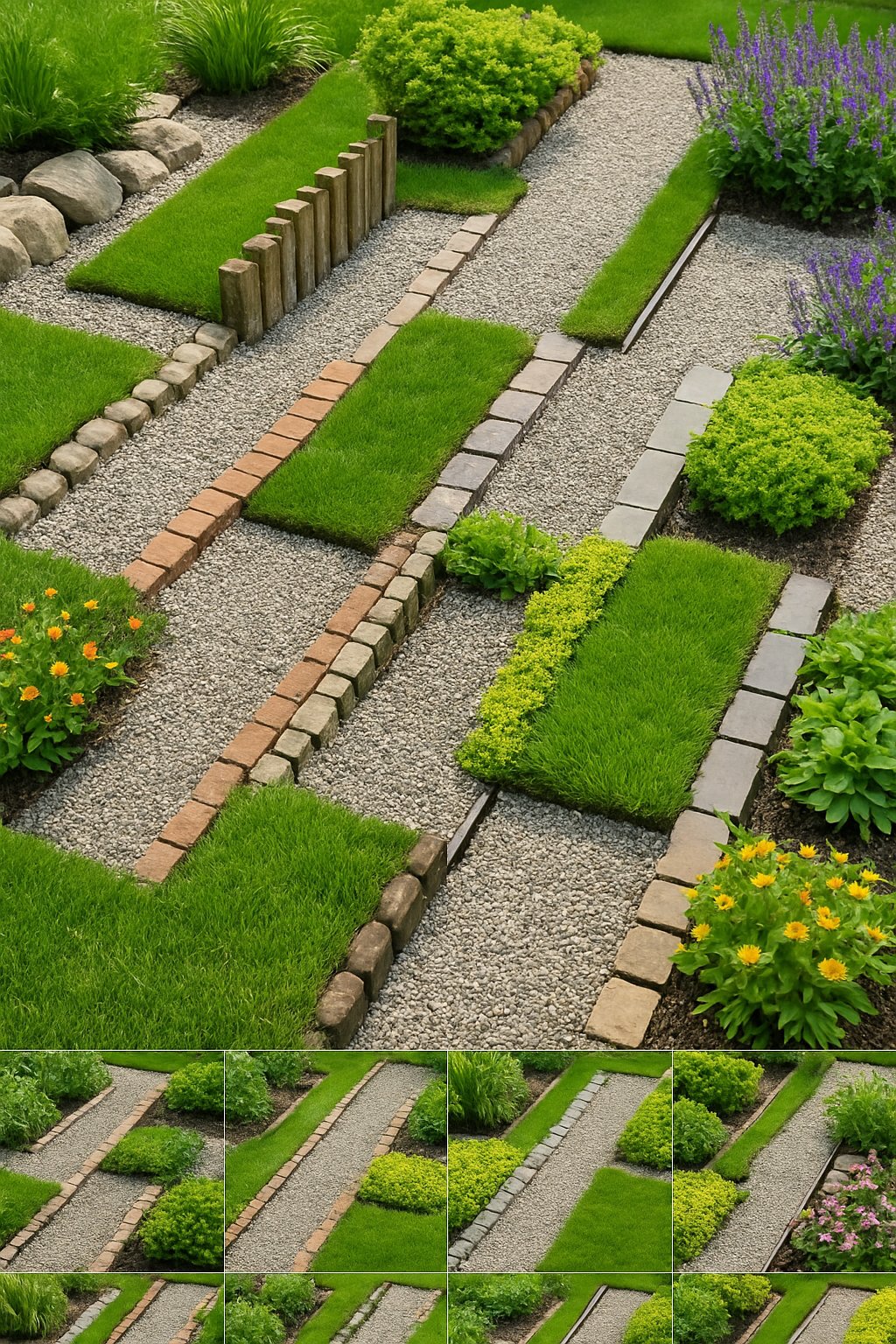 A garden with gravel pathways bordered by various materials including stones, bricks, wood, metal, and plants.