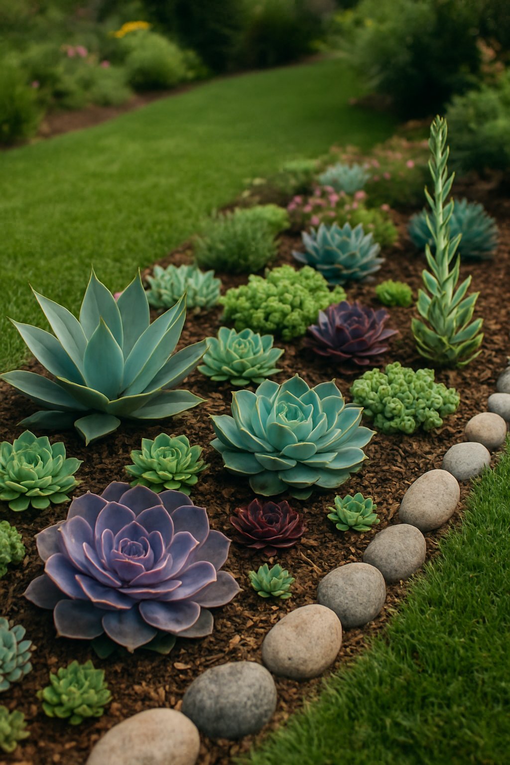 A garden border filled with various colorful succulent plants arranged neatly along the edge of a lawn.