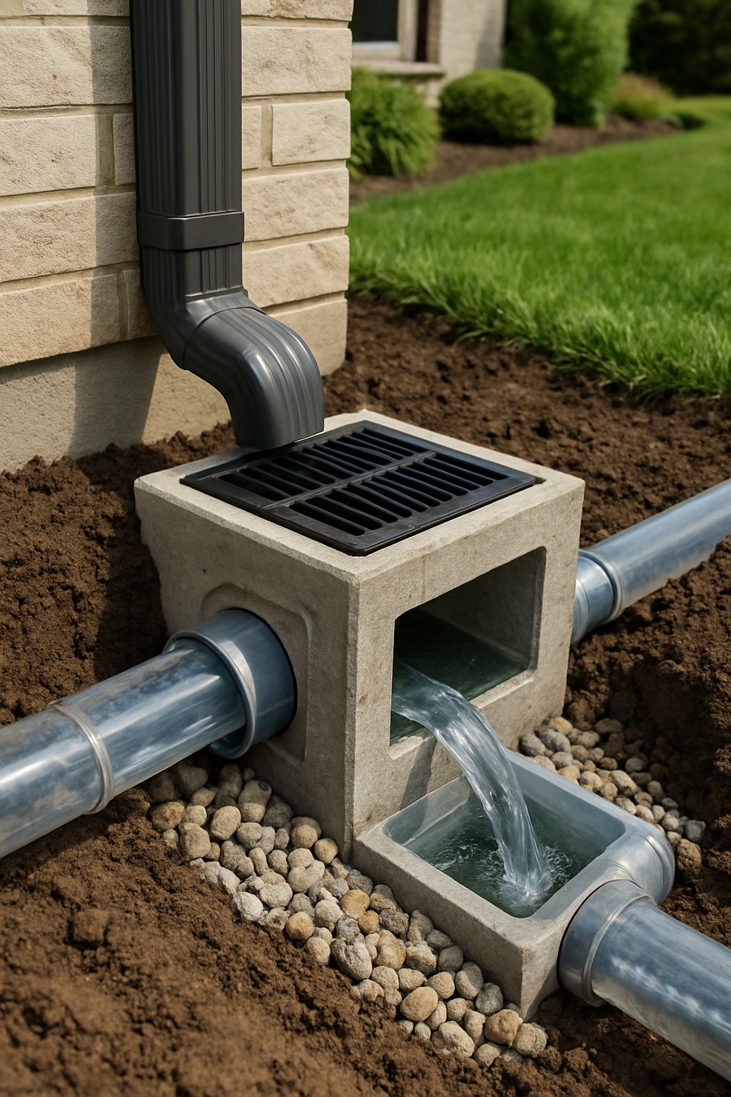 Close-up of an underground catch basin connected to rain gutter drainage pipes near a house with grass and landscaping.