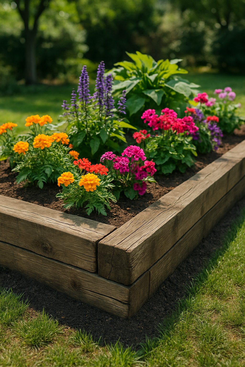 A garden bed bordered by wooden railroad ties surrounded by colorful flowers and green plants.