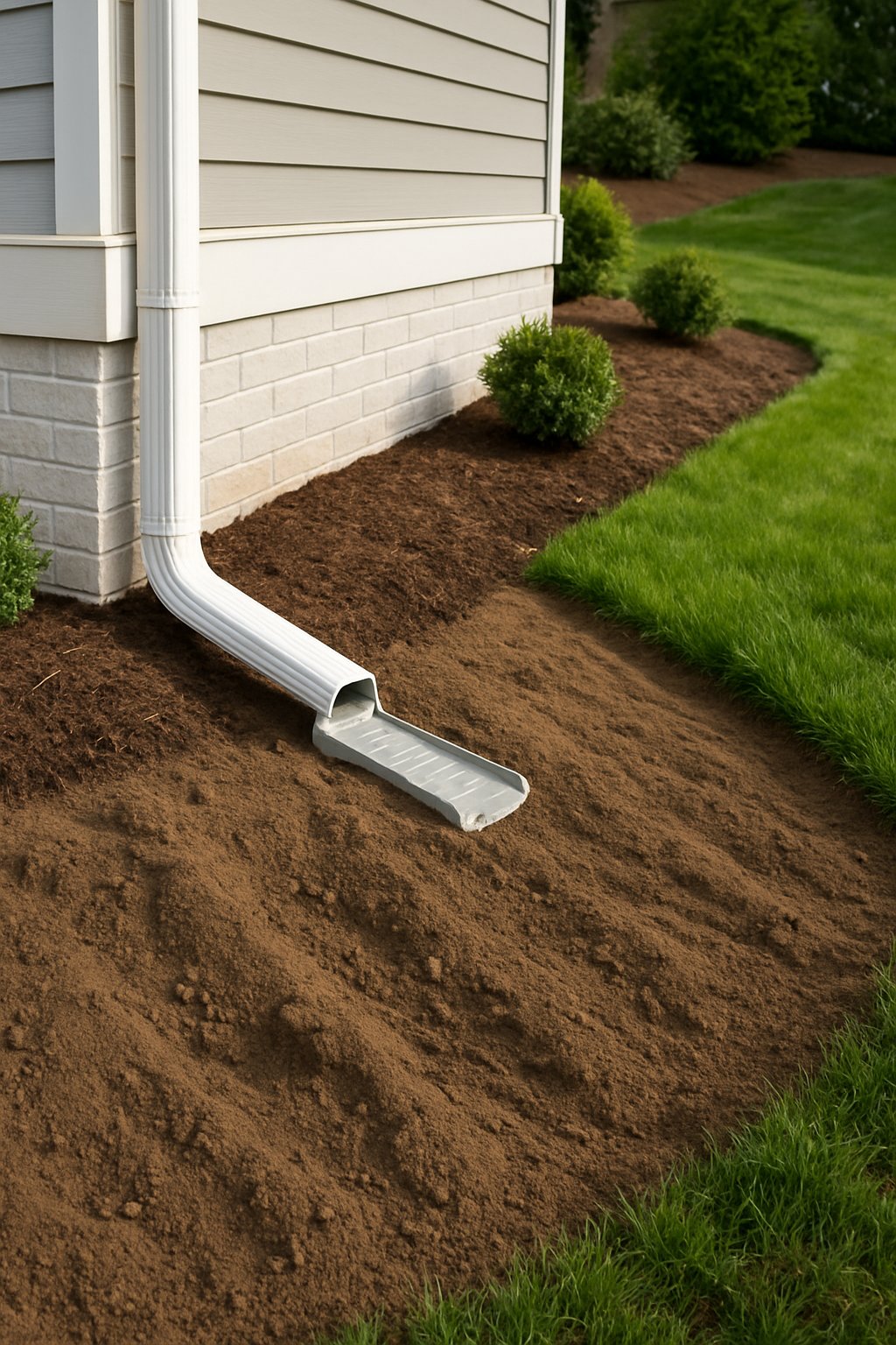 A house foundation with sloped soil and a rain gutter system directing water away from the building surrounded by grass and small shrubs.