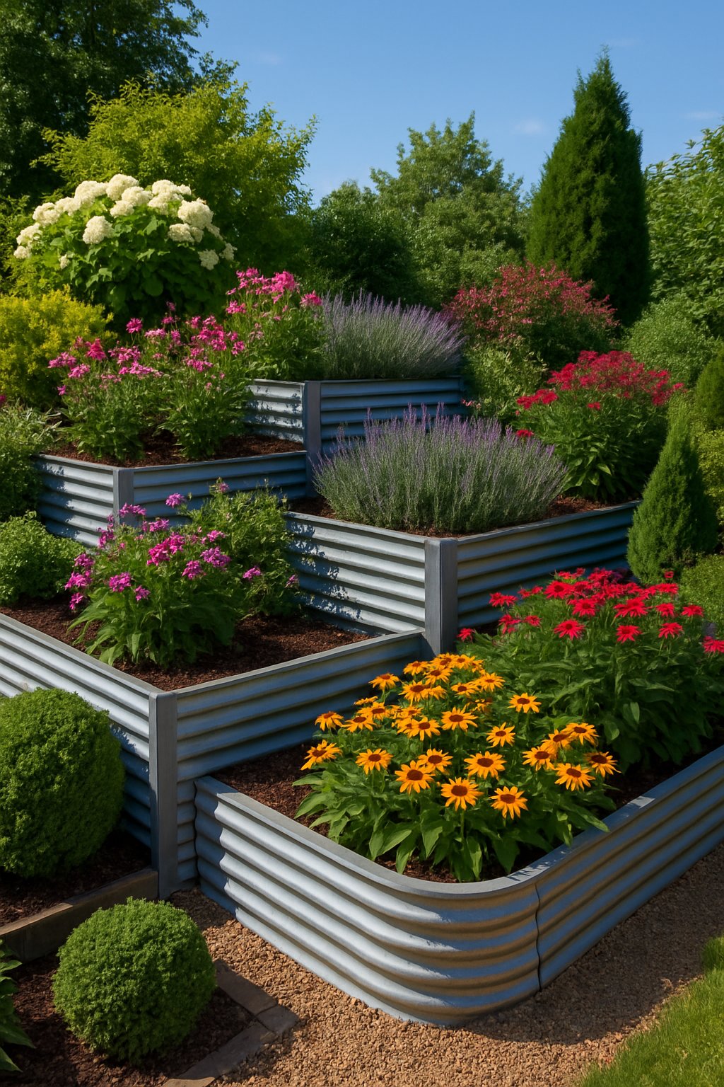 A garden with corrugated steel walls used as borders around flower beds and plants.