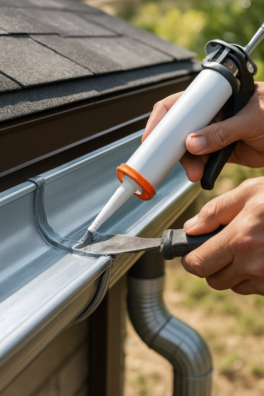 Close-up of hands applying waterproof sealant to rain gutter joints on a residential roof.
