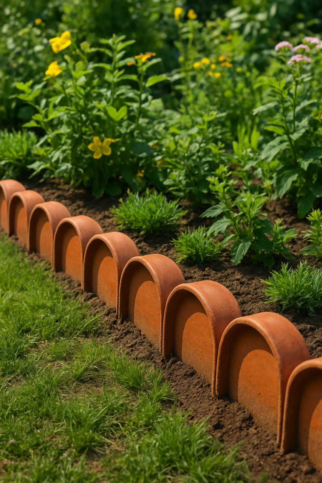 A garden border made from terracotta pot edges laid sideways next to green plants and soil.
