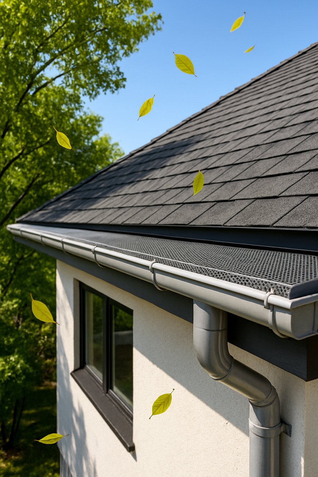 A house exterior with clean rain gutters fitted with leaf guards surrounded by green trees and falling leaves.