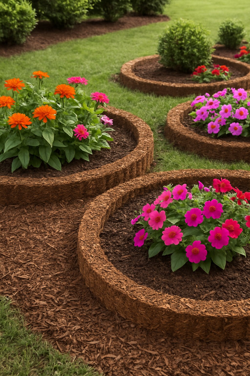 A garden with circular natural cypress mulch borders surrounding flower beds filled with colorful flowers and green plants.