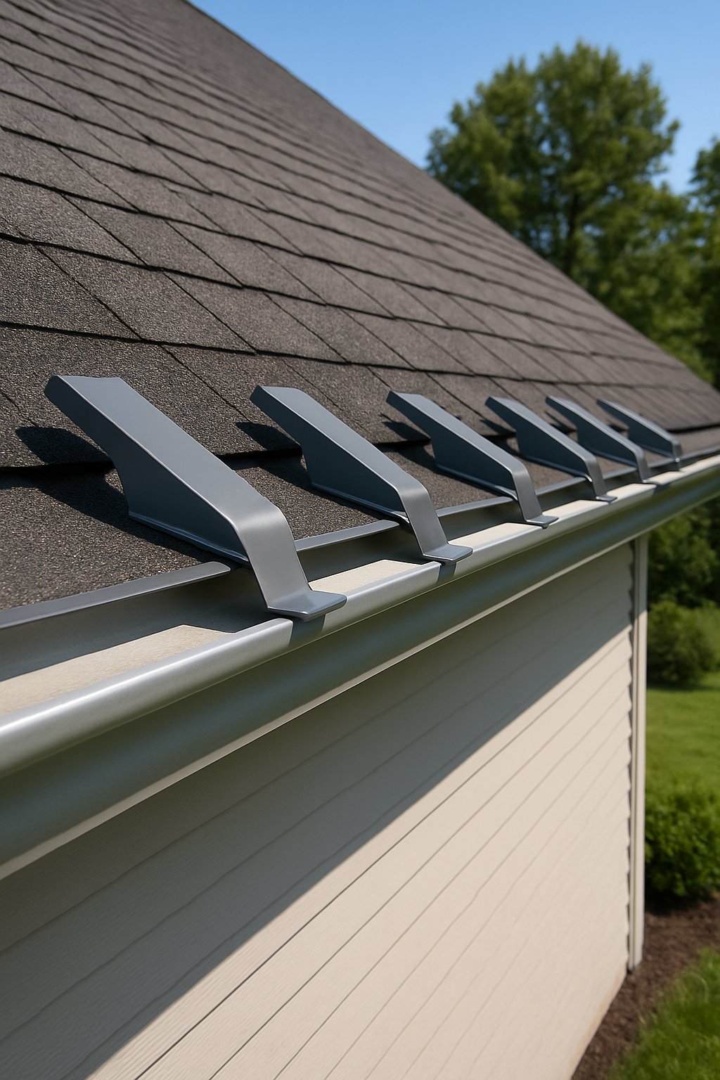 Close-up of a house roof edge with rain diverters installed above rain gutters on a sunny day.