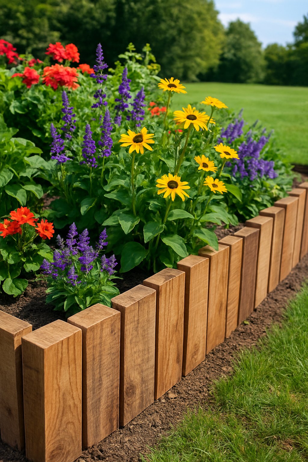 A garden with colorful flowers bordered by wooden pallet wood edging and green grass surrounding it.