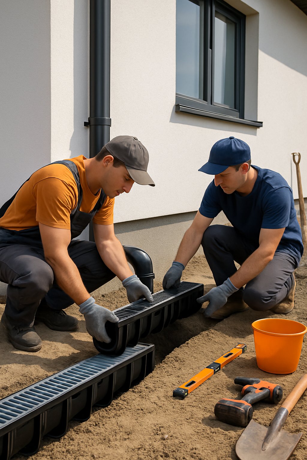Workers installing foundation drainage channels around a house with connected rain gutters on a construction site.